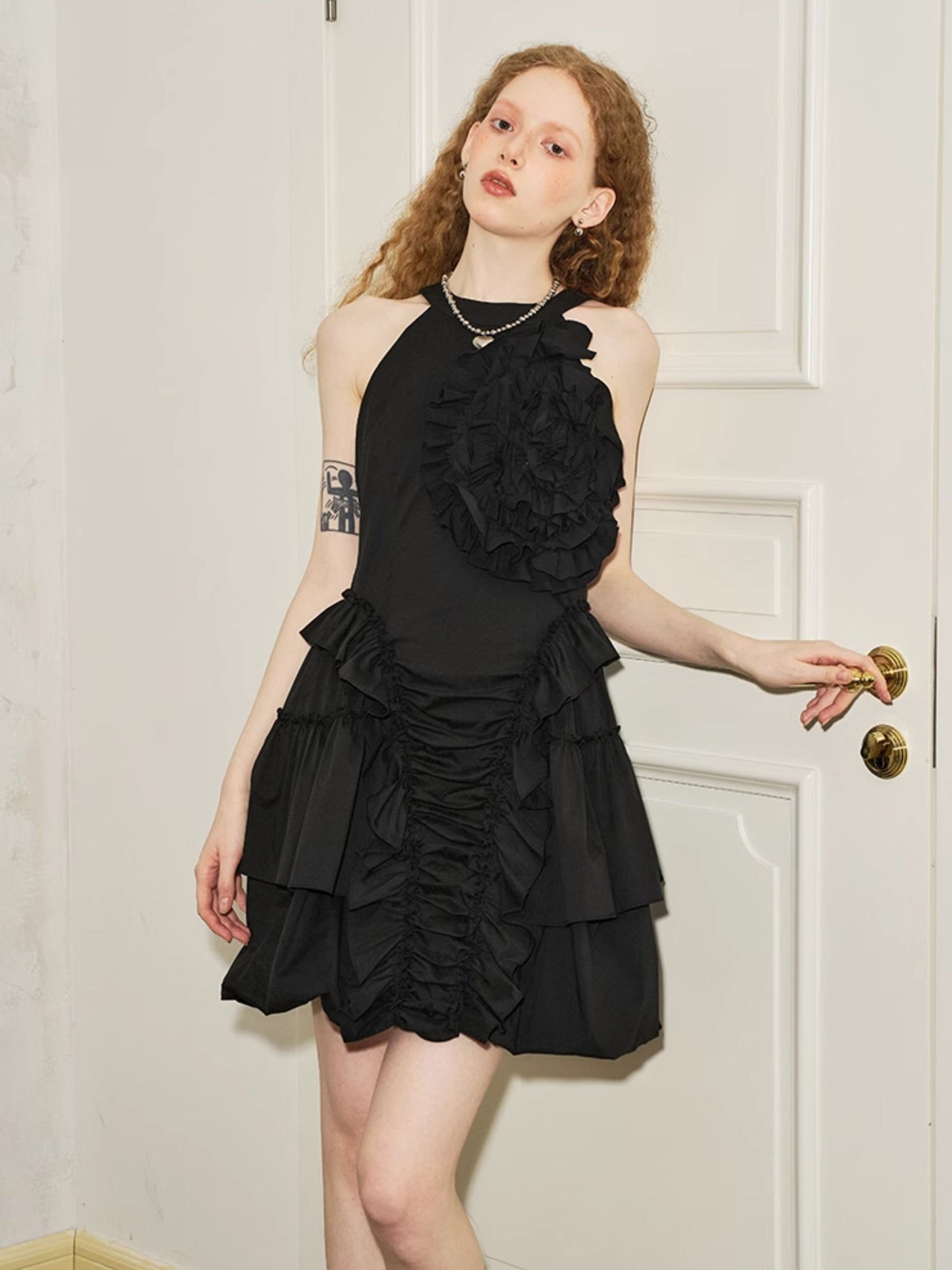 Irregular Pleated Three-Dimensional Rose American Sleeve Dress