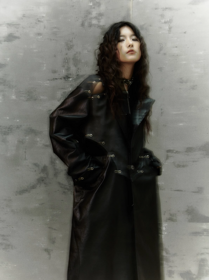 gothic punk maxi coat - black faux leather trench with oversized collar and asymmetrical zip