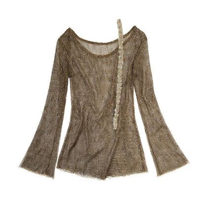 boho mesh knit tunic - women's bell sleeve sheer coverup with decorative tie