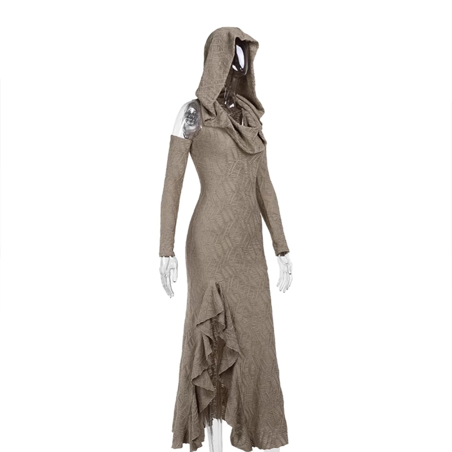 avant-garde hooded maxi dress - taupe cold shoulder gown with ruffle detail