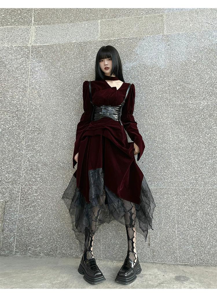 gothic victorian maxi dress - women's burgundy velvet and black mesh layered gown with corset belt