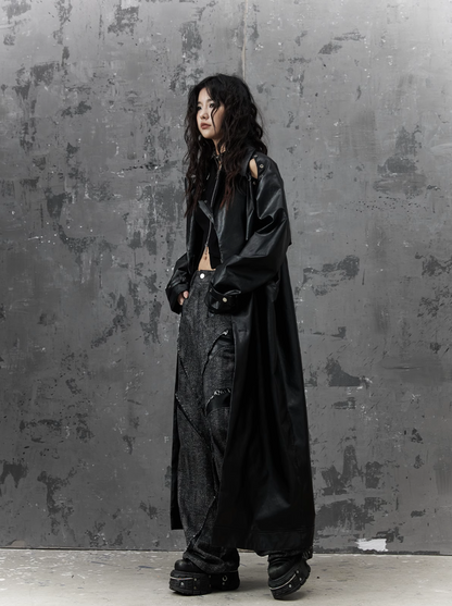 gothic punk maxi coat - black faux leather trench with oversized collar and asymmetrical zip