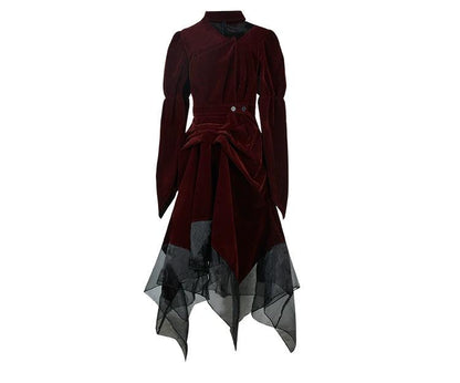 gothic victorian maxi dress - women's burgundy velvet and black mesh layered gown with corset belt