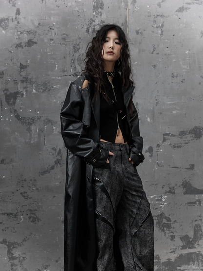 gothic punk maxi coat - black faux leather trench with oversized collar and asymmetrical zip