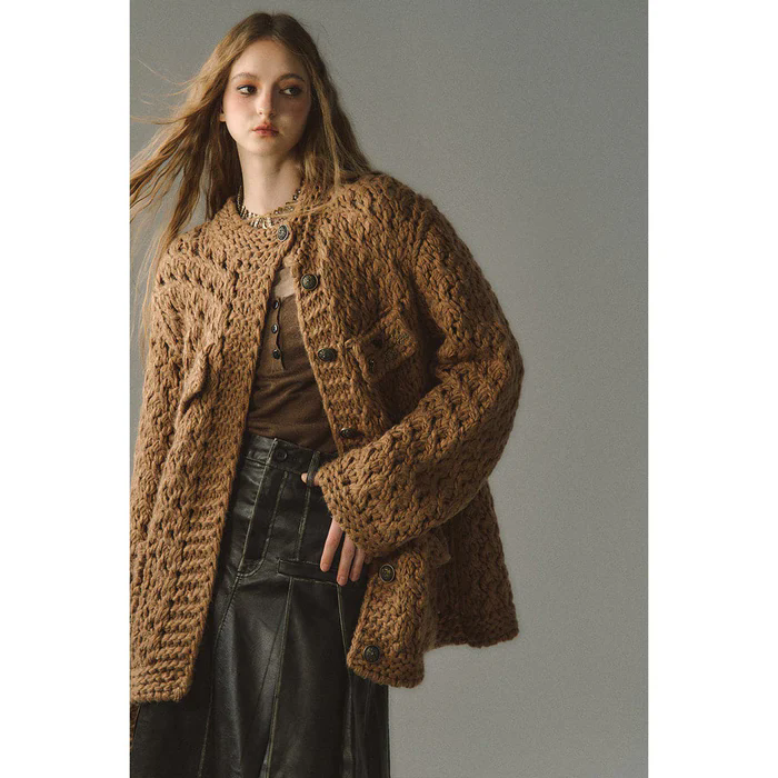 brown metal knit cardigan with decorative details