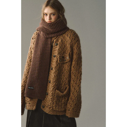 brown metal knit cardigan with decorative details