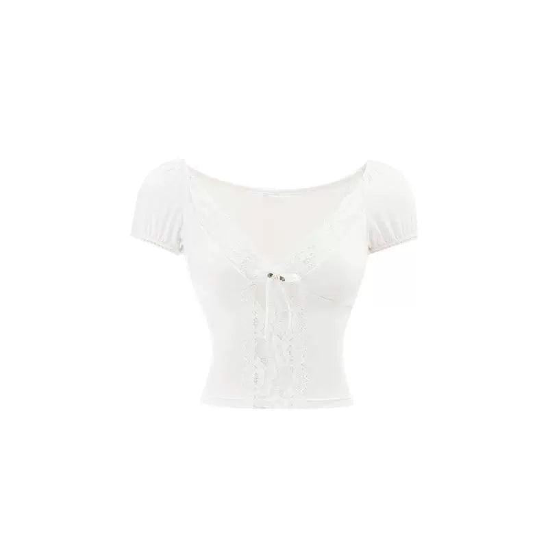 lace trim v-neck crop top - women's short sleeve tie-front blouse