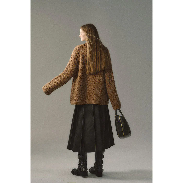 brown metal knit cardigan with decorative details