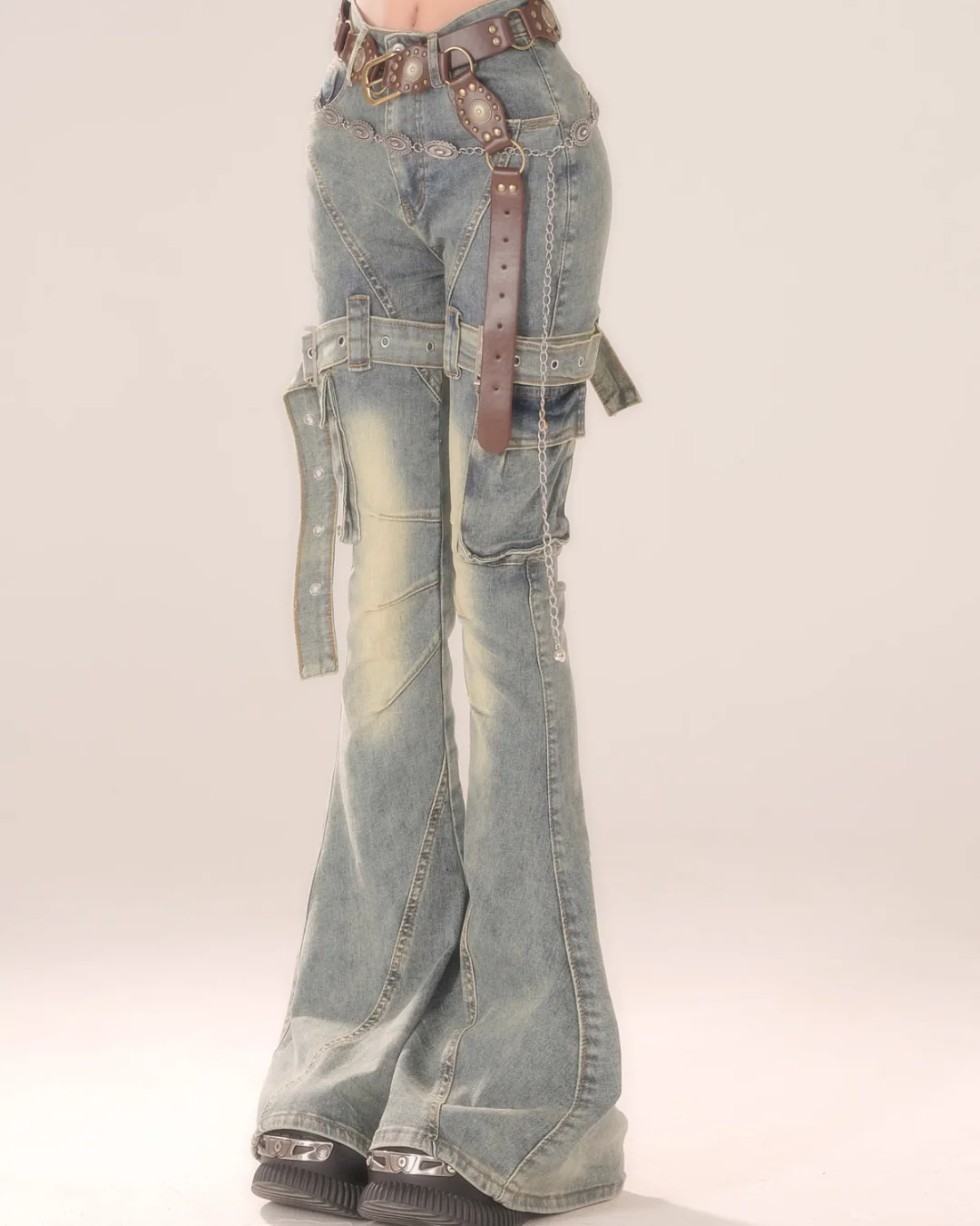 Vintage Belt Flare Denim Pants