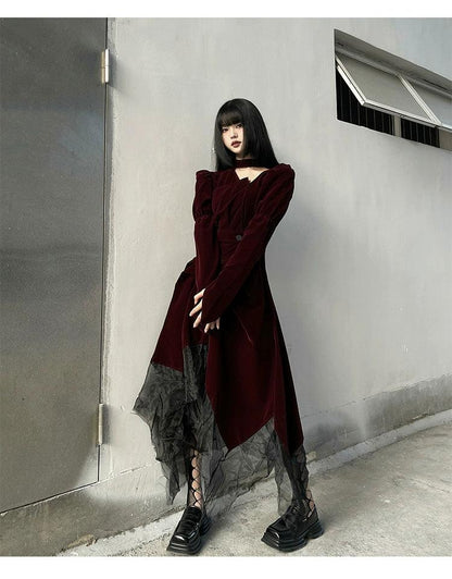 gothic victorian maxi dress - women's burgundy velvet and black mesh layered gown with corset belt