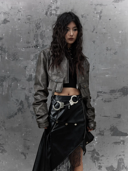 grunge cropped moto jacket - distressed gray leather with multiple pockets