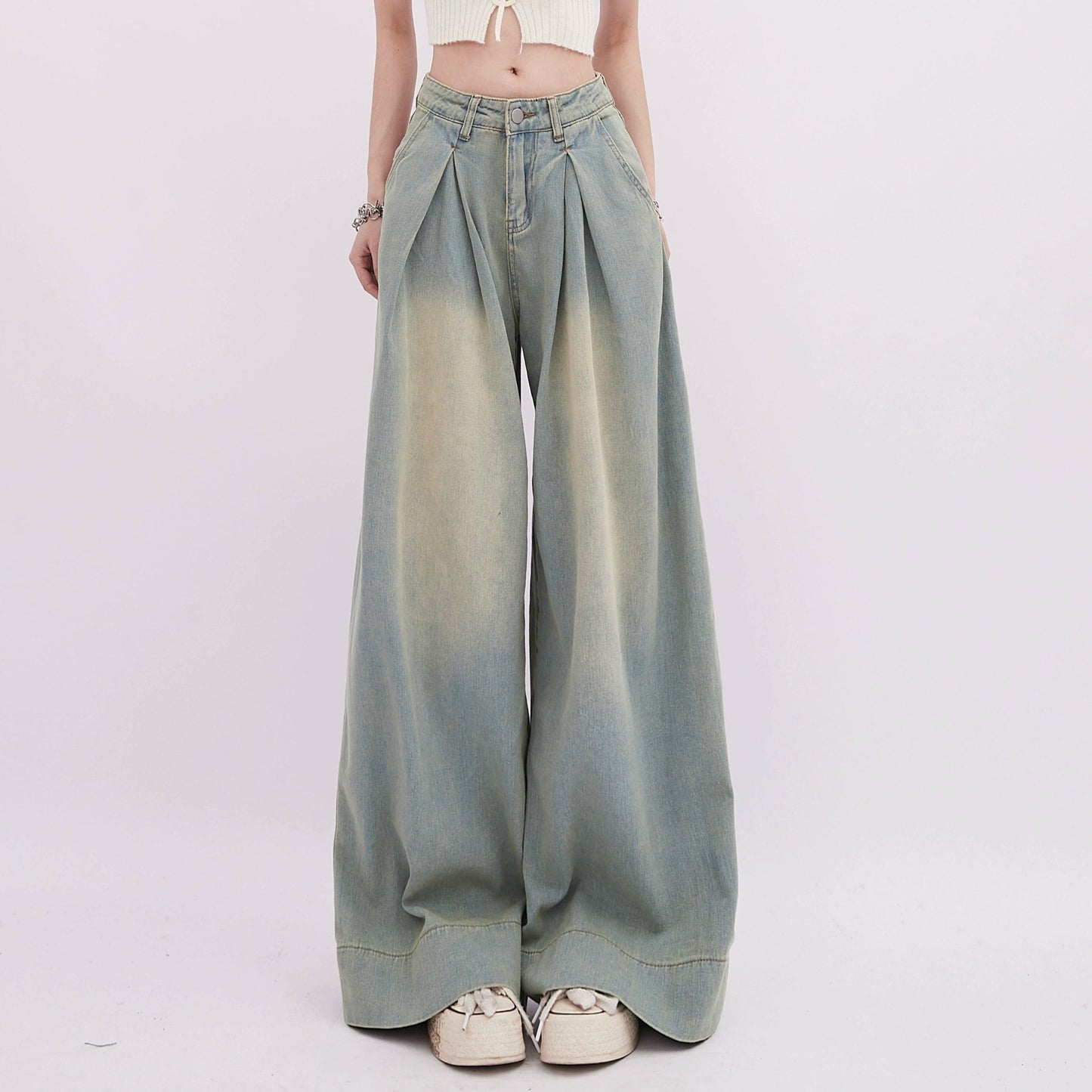 women's ultra wide-leg denim palazzo pants - high-waisted pleated jeans with faded wash