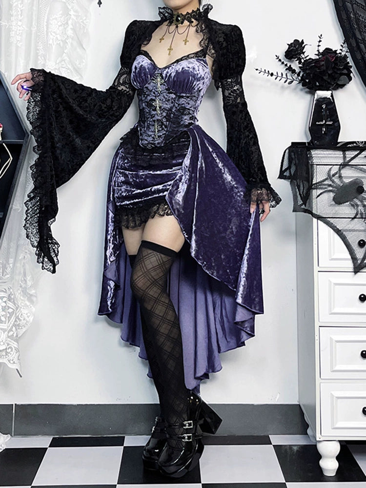 gothic velvet corset dress set - purple high-low gown with lace trim and black lace bolero