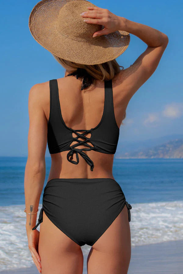 BLACK TWIST FRONT DRAWSTRING SIDE BIKINI SET