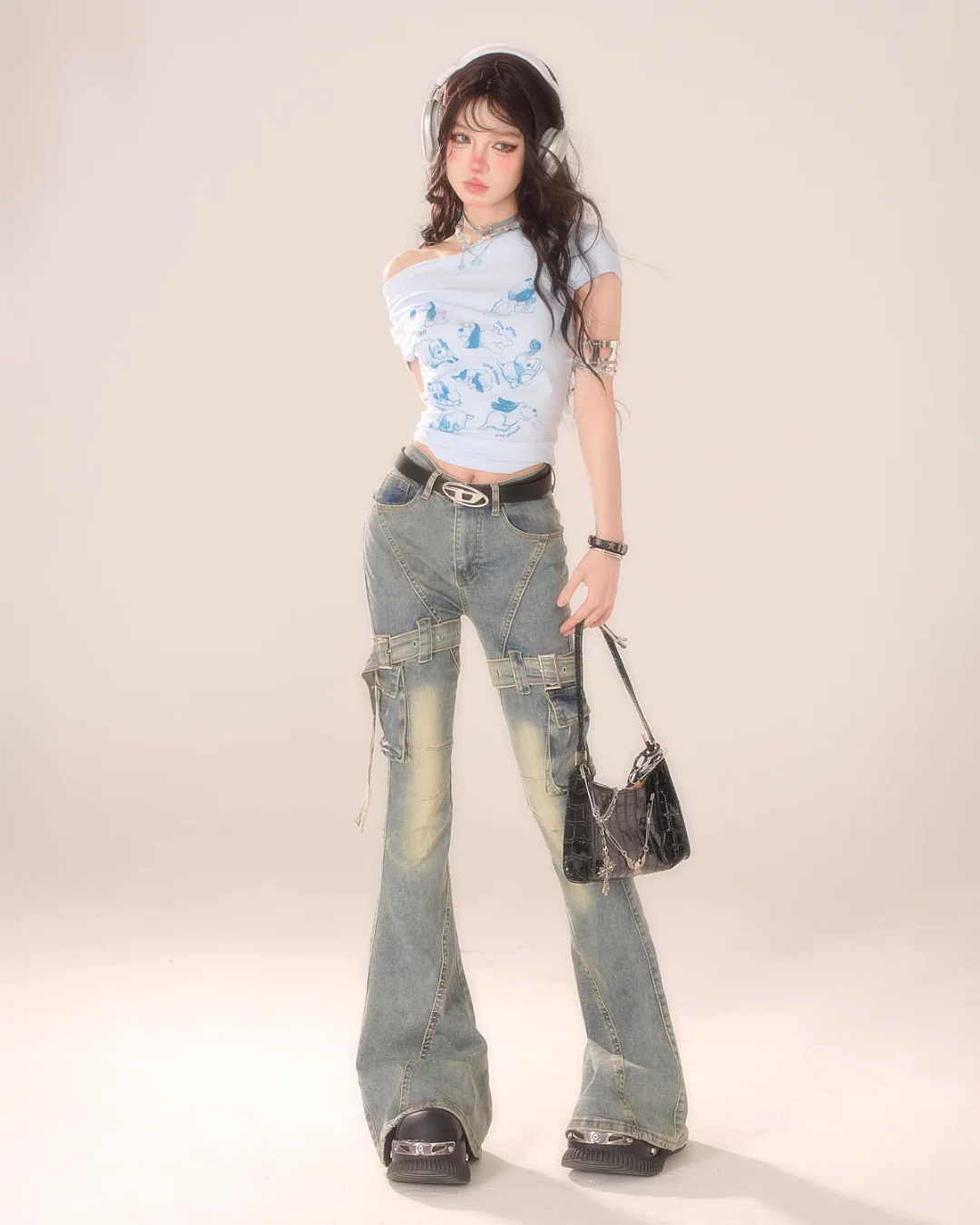 Vintage Belt Flare Denim Pants