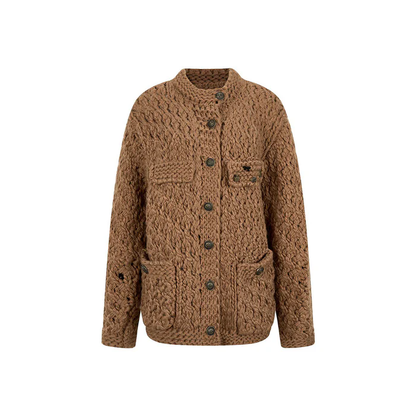 brown metal knit cardigan with decorative details