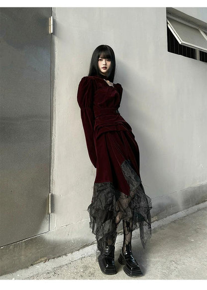 gothic victorian maxi dress - women's burgundy velvet and black mesh layered gown with corset belt