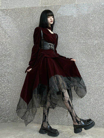 gothic victorian maxi dress - women's burgundy velvet and black mesh layered gown with corset belt