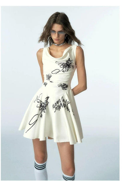 floral sketch fit and flare dress - women's sleeveless cowl neck mini dress with embroidered botanical design