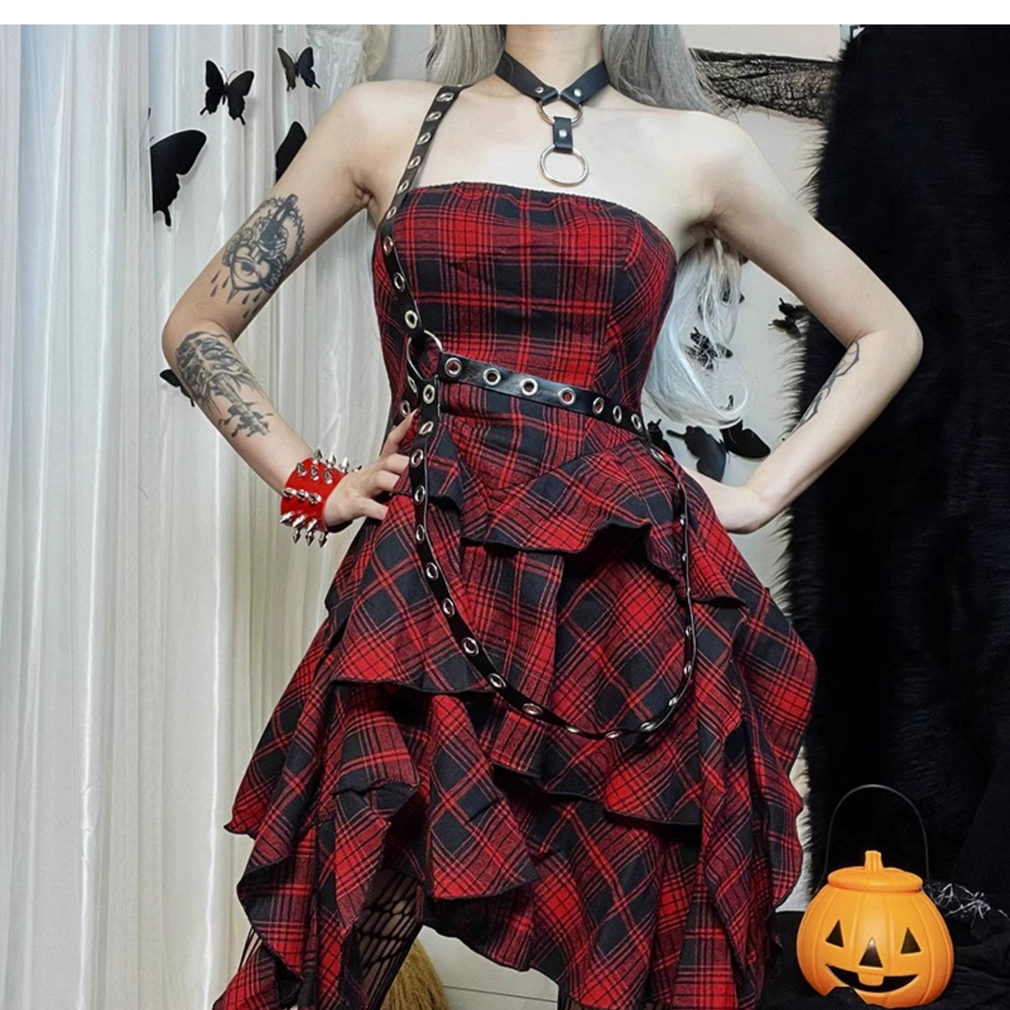 punk tartan mini dress - red plaid ruffle tiered goth dress with studded harness