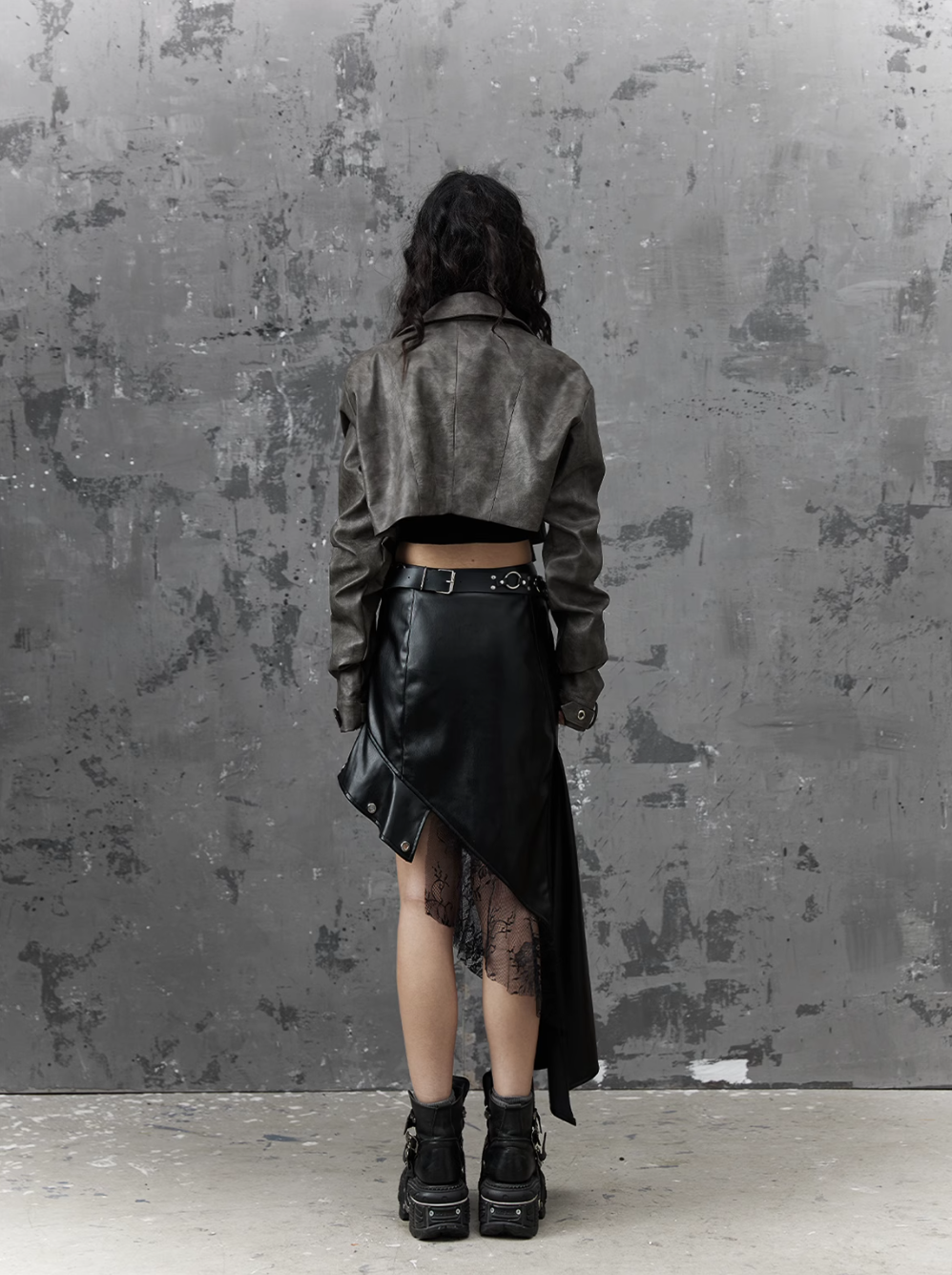 grunge cropped moto jacket - distressed gray leather with multiple pockets