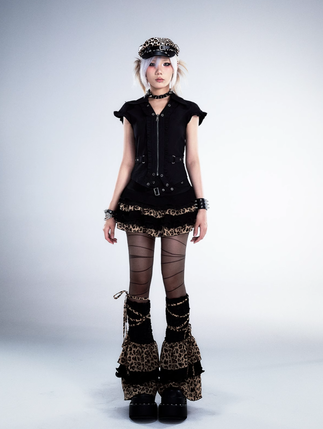 gothic punk mini skirt - black ruffled with leopard print trim and buckle straps