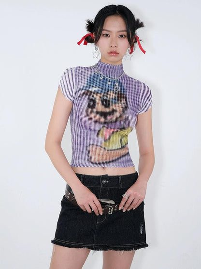 cartoon dog print ribbed crop top