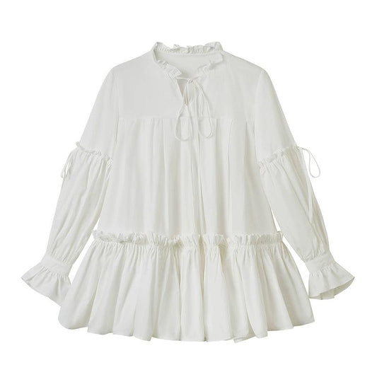 women's ruffled peasant blouse - tiered boho long sleeve top with tie neck