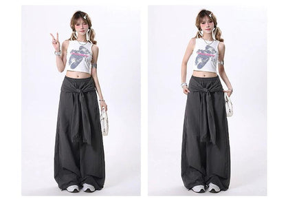 women's wide-leg palazzo pants - elastic waist maxi skirt overlay with front tie