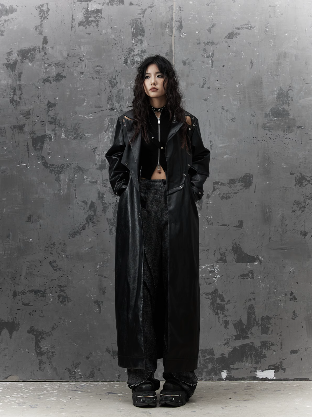 gothic punk maxi coat - black faux leather trench with oversized collar and asymmetrical zip