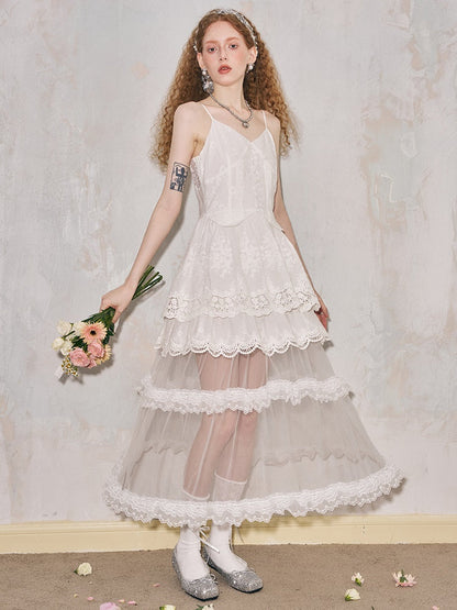 Romantic Hollow Embroidery Lace Camisole Dress