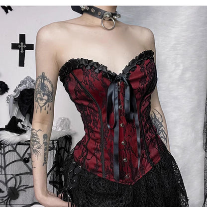 this gothic lace-up corset - red and black floral brocade bustier with ruffle trim