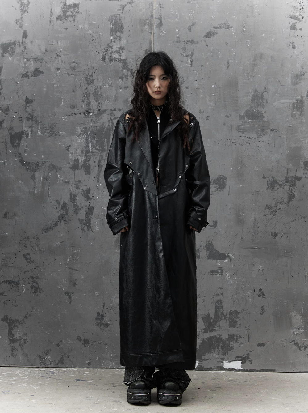 gothic punk maxi coat - black faux leather trench with oversized collar and asymmetrical zip