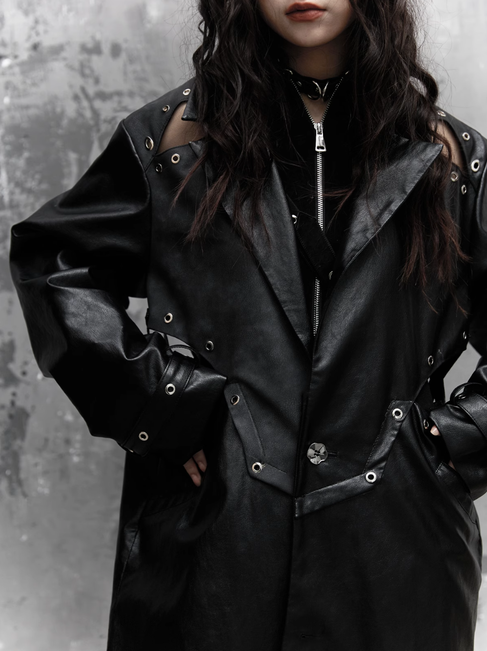 gothic punk maxi coat - black faux leather trench with oversized collar and asymmetrical zip