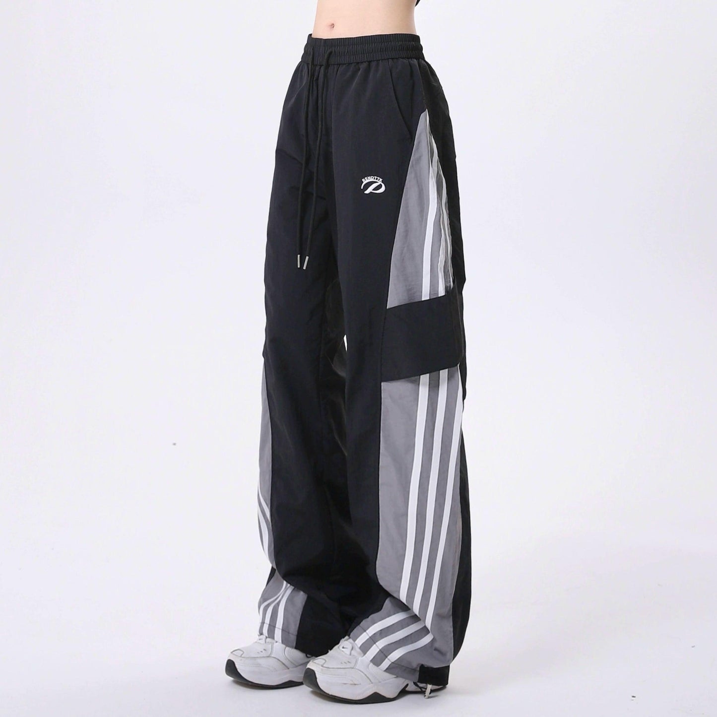 women's color-block wide-leg track pants - drawstring waist athletic trousers with striped panels