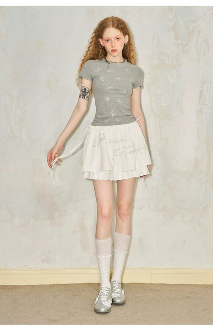 women's rhinestone embellished t-shirt and skirt set - floral and bow print tee with layered tulle mini skirt