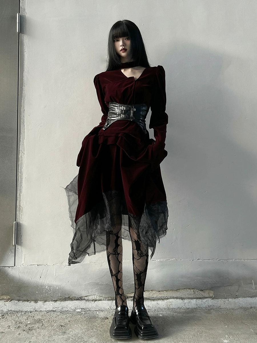 gothic victorian maxi dress - women's burgundy velvet and black mesh layered gown with corset belt