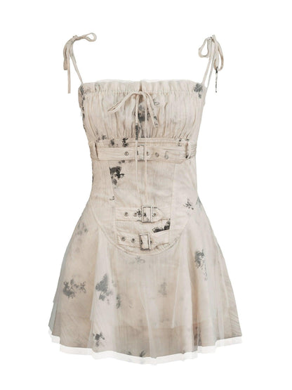 beige tie-strap corset mini dress - floral print bustier sundress with buckle detail