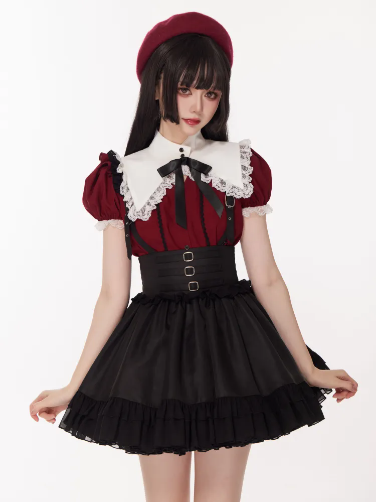 Dark Red Jirai Kei Puff Short Sleeves Blouse with White Separated Collar