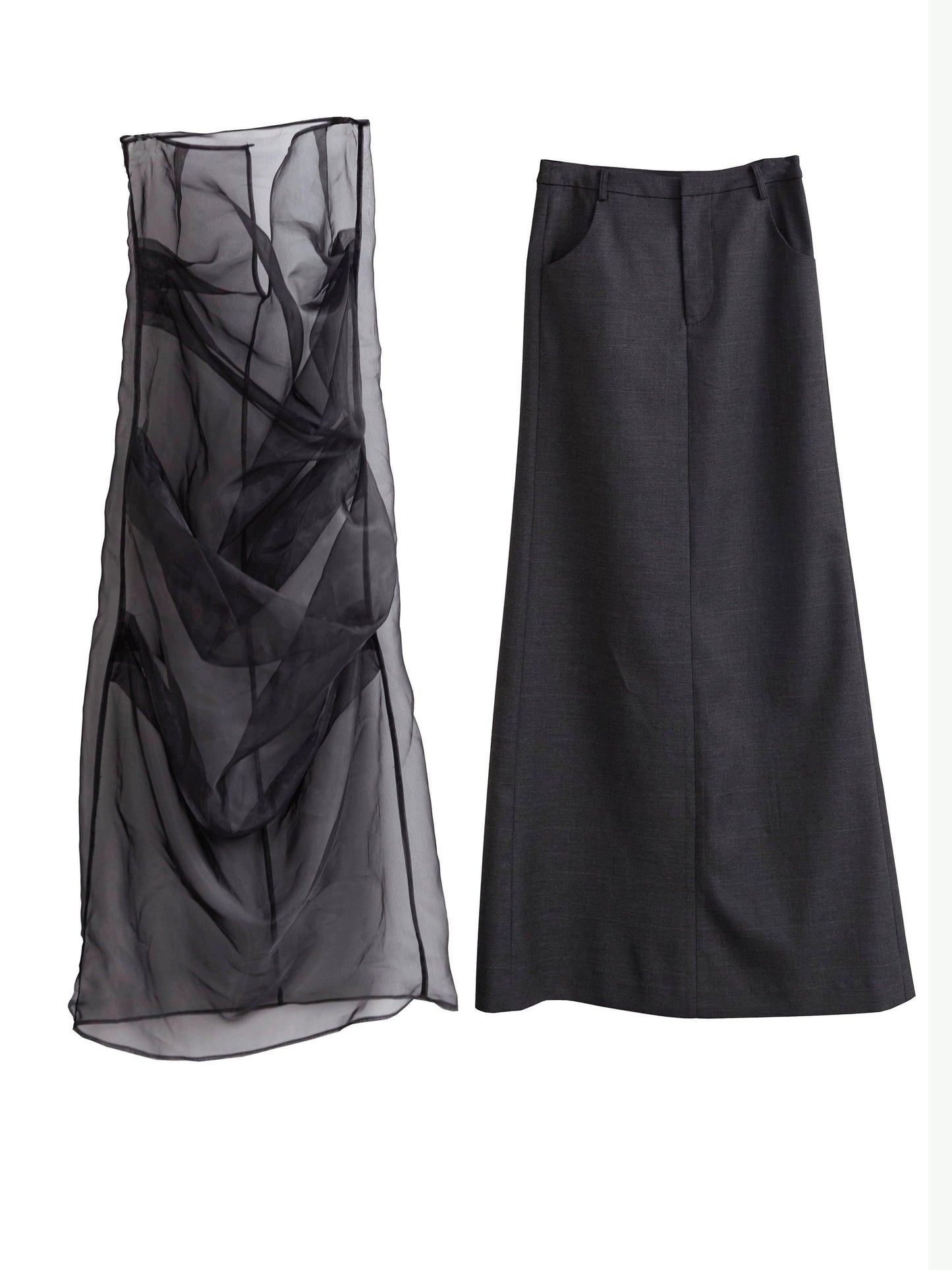 elegant two-piece maxi skirt set - women's black sheer overlay dress with solid underskirt