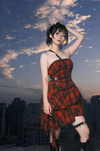 punk tartan mini dress - red plaid ruffle tiered goth dress with studded harness