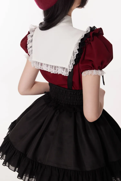 Dark Red Jirai Kei Puff Short Sleeves Blouse with White Separated Collar