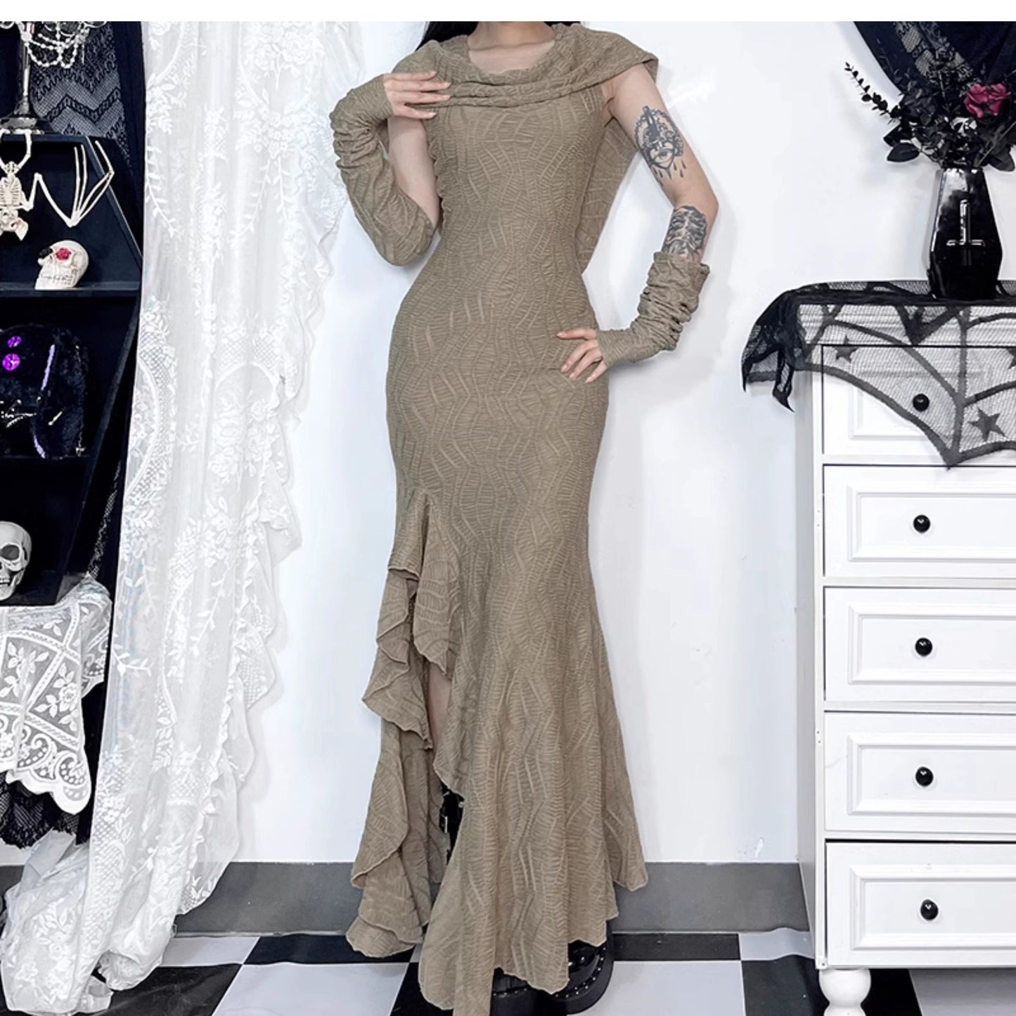 avant-garde hooded maxi dress - taupe cold shoulder gown with ruffle detail