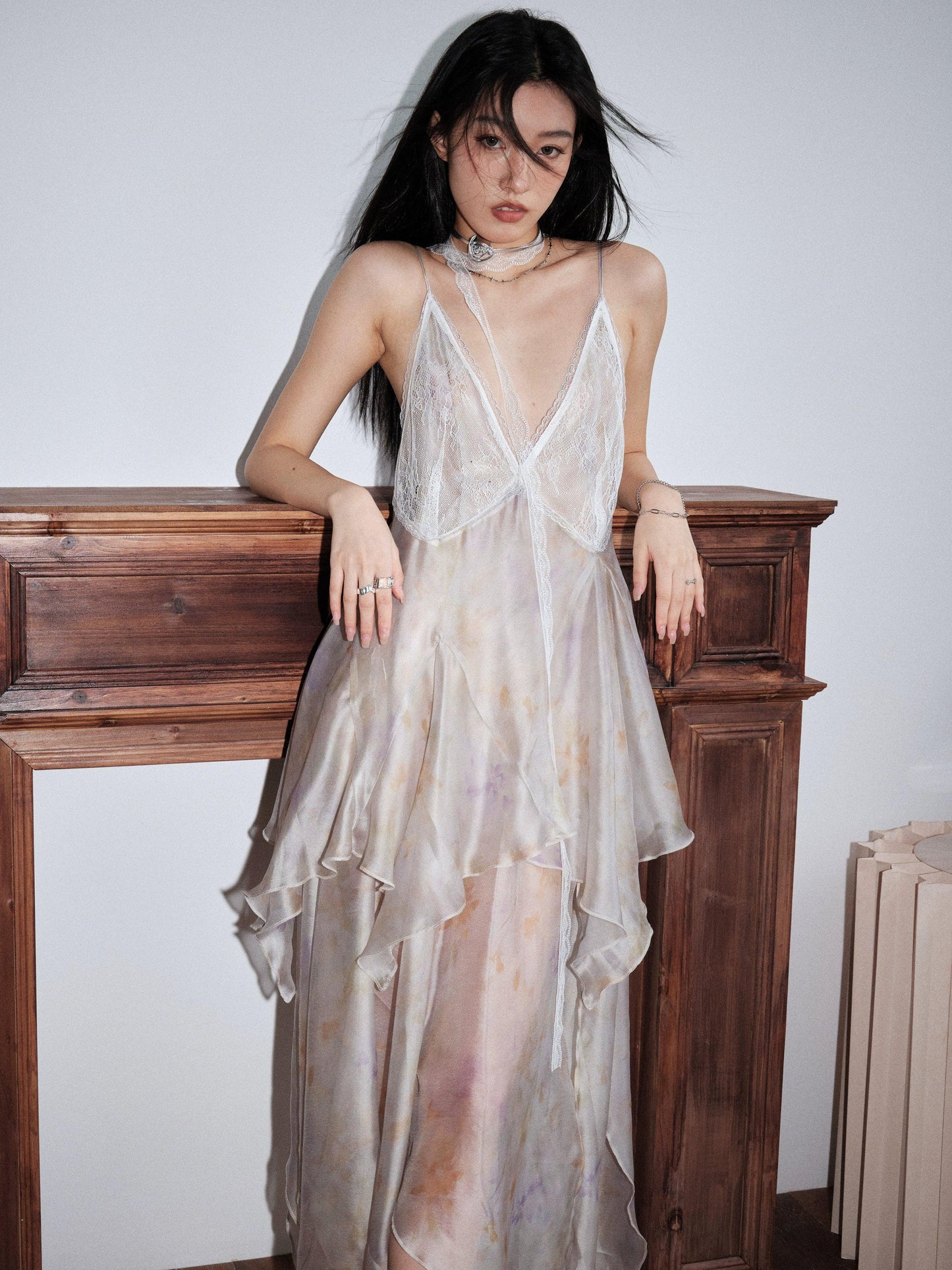 ethereal fairy slip dress - women's ivory layered chiffon maxi with handkerchief hem