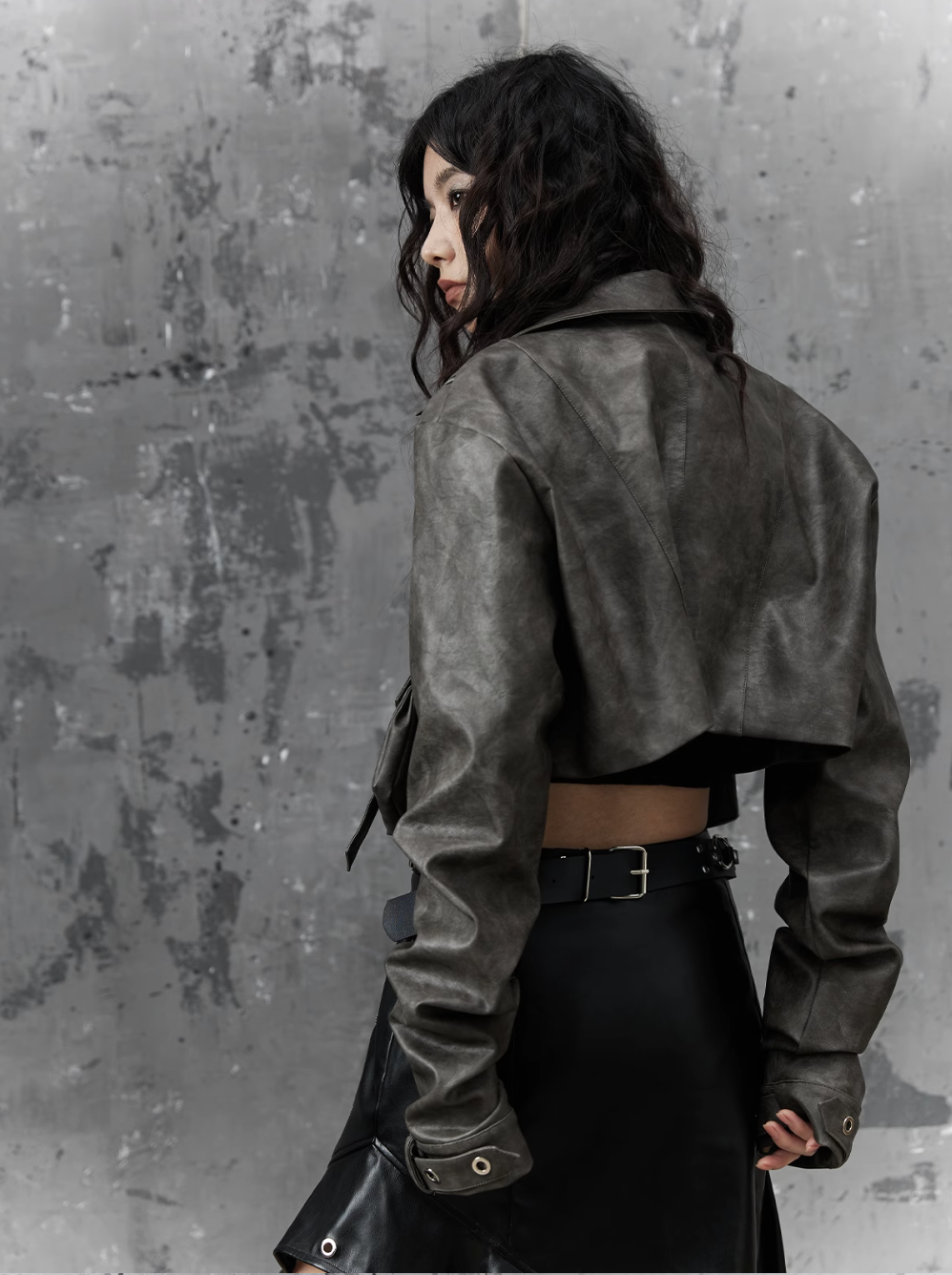 grunge cropped moto jacket - distressed gray leather with multiple pockets