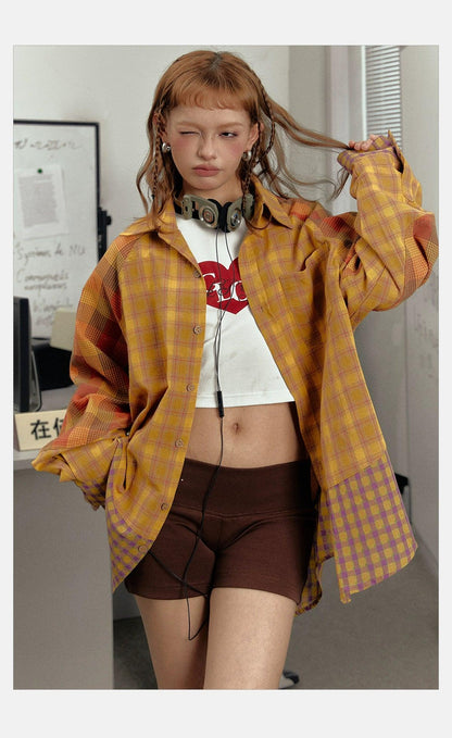 mustard plaid oversized shirt jacket - unisex colorblock flannel shacket with purple checks