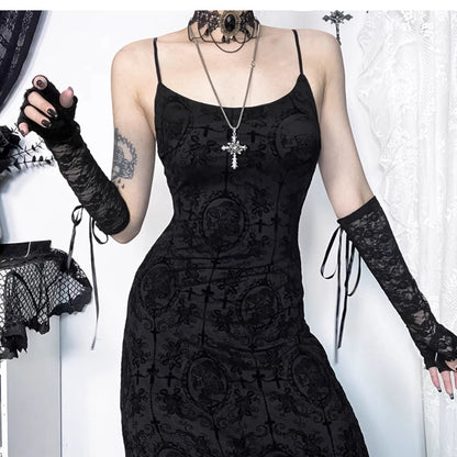 gothic velvet maxi dress - black spaghetti strap burnout gown with lace-up arm warmers