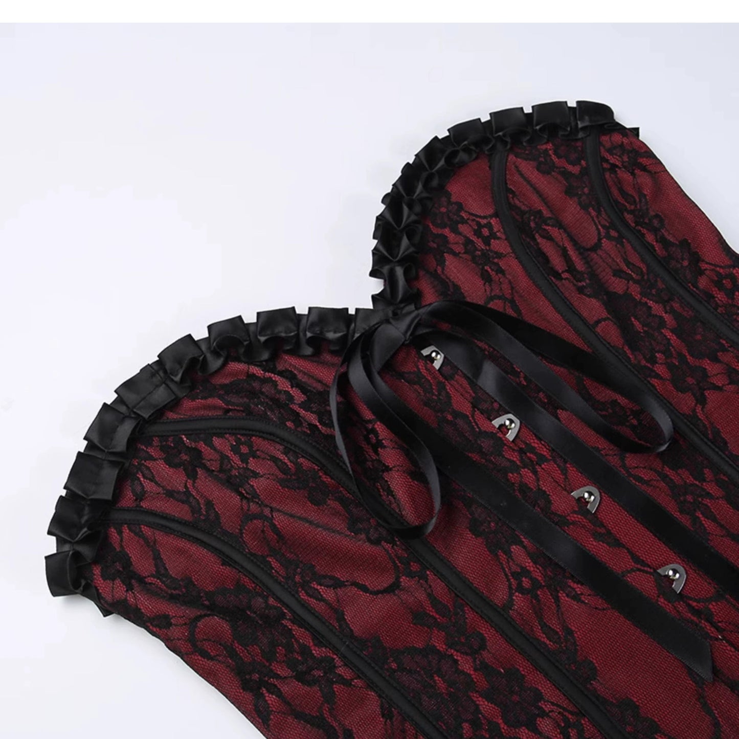 this gothic lace-up corset - red and black floral brocade bustier with ruffle trim