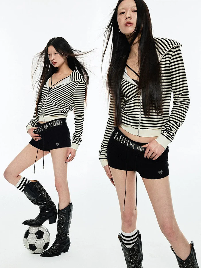 Striped Cat Ear Hoodie - Black And White Zip-Up Jacket