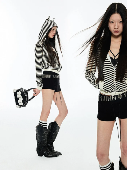 Striped Cat Ear Hoodie - Black And White Zip-Up Jacket